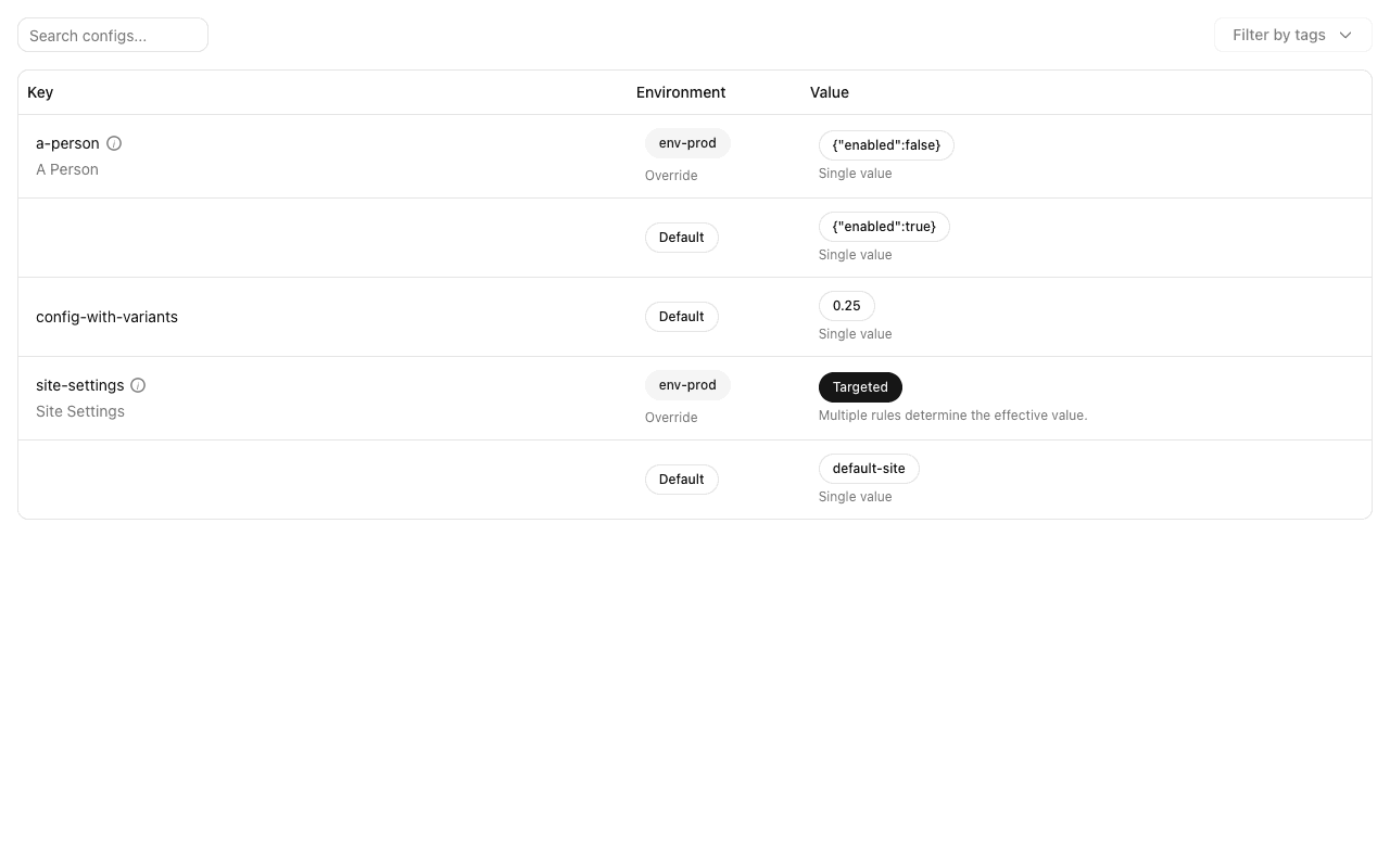 Quonfig config list showing JSON values, numbers, strings, and targeted configs across environments