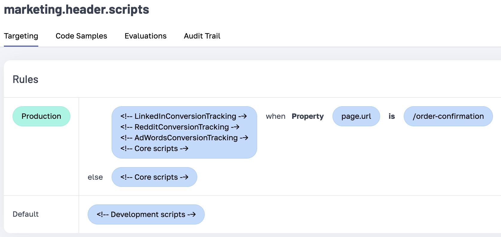 UI showing targeting scripts based on page.path