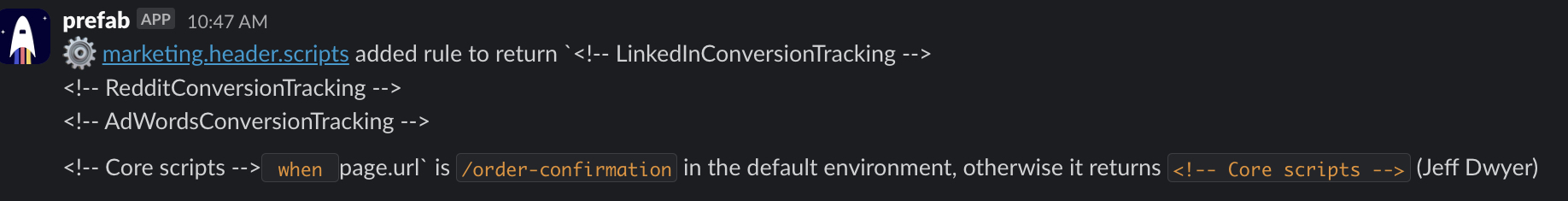 Slack integration showing a tag change